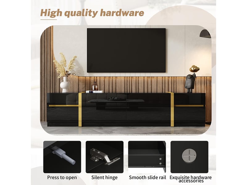 Meuble tv, finition brillante, bordures dorées, avec tiroirs et portes, style moderne, noir  - Conforama R