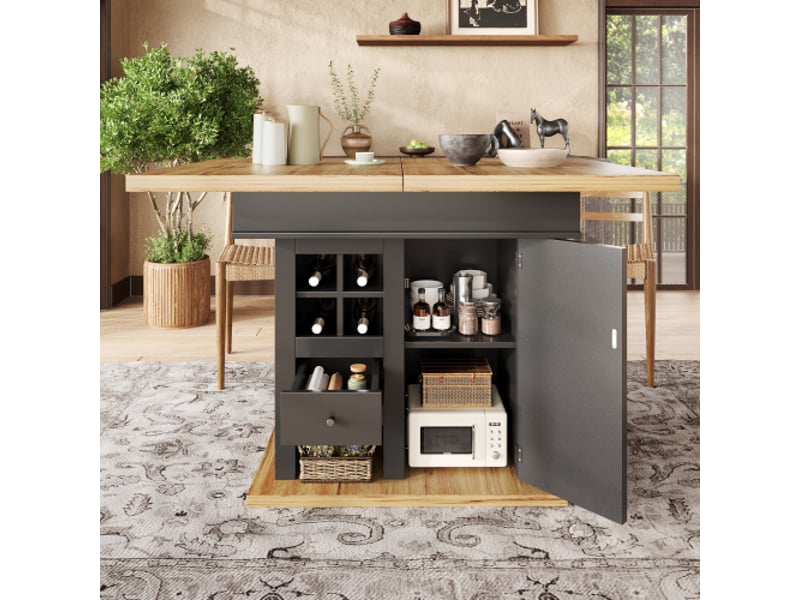  Table à manger extensible rectangulaire 110-140 x 80 cm, mdf, noir et bois naturel, avec casier à bouteilles  - Conforama D