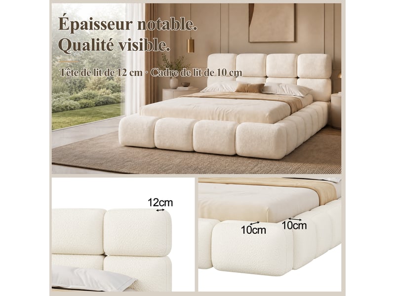  Lit capitonné, lit double, 180 x 200 cm, lit à réglage hydraulique, lit nuage, lit coffre, design bulles, sommier à lattes, tête de lit et grand espace de rangement, tête de lit capitonnée, bouclé blanc  - Conforama E
