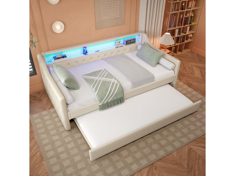 Lit banquette avec lit gigogne et sommier à lattes, éclairage réglable et ports de charge, en lin beige - Conforama C