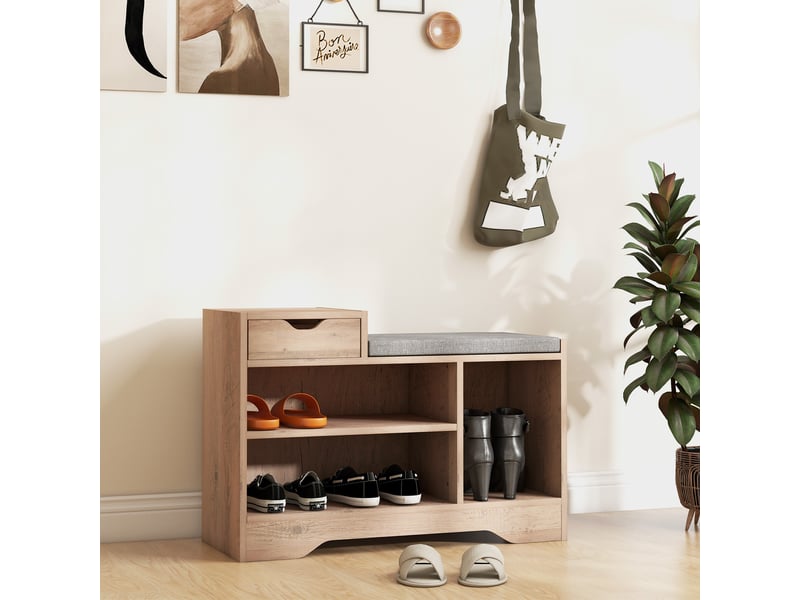  Banc à chaussures moderne avec 3 étagères ouvertes et tiroirs, en bois, polyester et mousse, 76,5 x 30 x 52 cm, gris  - Conforama D