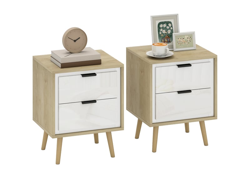  Ensemble de 2 tables de chevet modernes avec 2 tiroirs silencieux, 40 x 35 x 50 cm, blanc brillant et chêne  - Conforama A