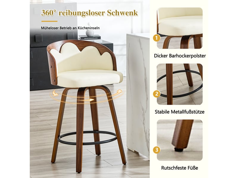  Lot de 2 tabourets de bar,46,5x41,5x89 cm,avec repose-pieds,bois cintré et pu,blanc  - Conforama E