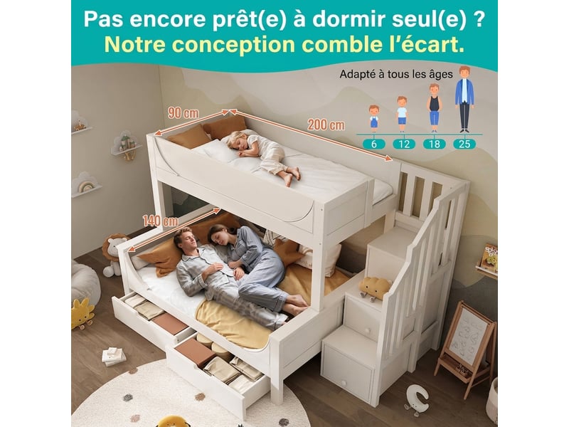  Lit superposé enfant blanc 90x200 140x200 avec escalier de rangement et tiroirs - forme traîneau  - Conforama D