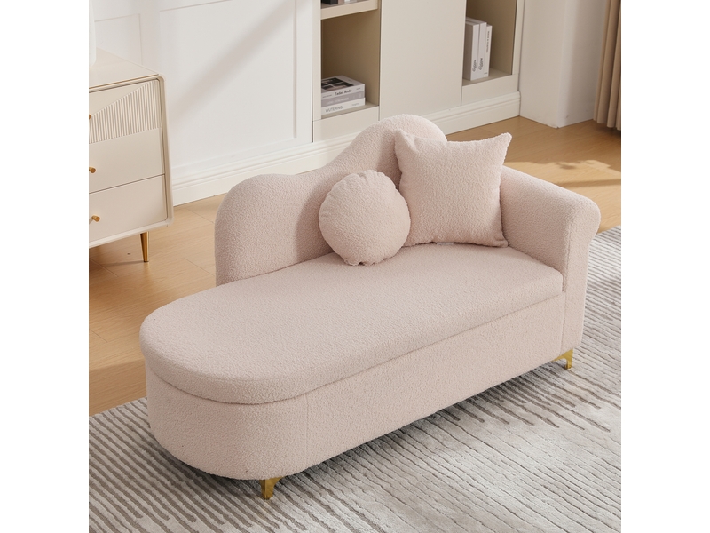  Chaise longue moderne pour salon, 134 cm, tissu effet peau de mouton, rangement caché, assise ferme et coussins inclus  - Conforama D