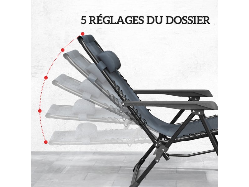  Lot de 2 chaise longue pliable et inclinable avec table d'appoint, porte-gobelets et appuie-têtes, charge 120 kg, gris  - Conforama E