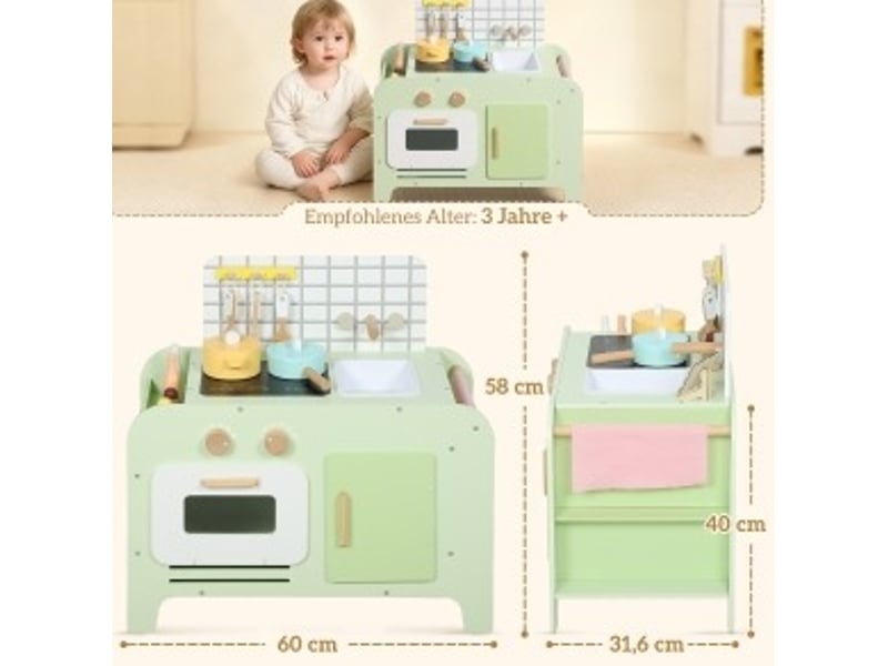 Jeu de cuisine pour enfants avec 15 accessoires, verre, 60 x 31,6 x 58 cm, dès 3 ans, vert  - Conforama E