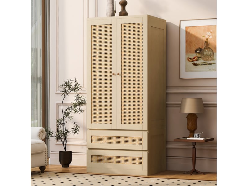  Armoire 2 portes 70 x 55 x 170 cm avec 2 tiroirs et panneaux effet rotin, bois clair  - Conforama B
