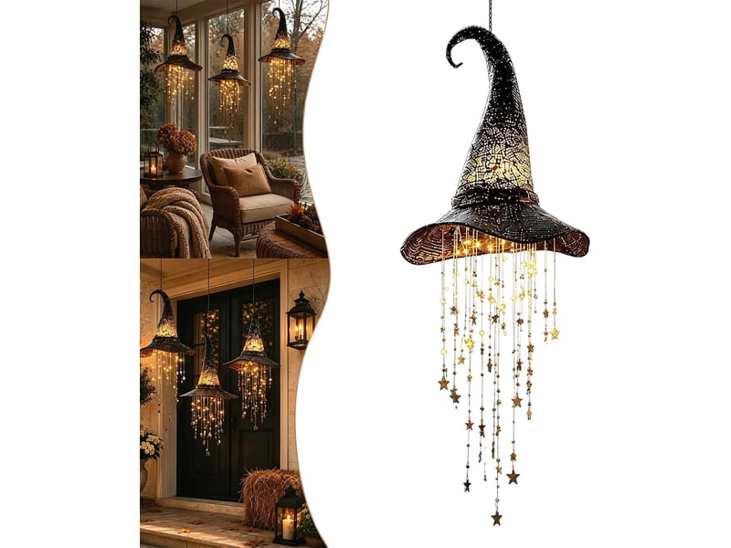  1 pièce décoration halloween suspendue, chapeau de sorcière lumineux led en maille noire avec guirlande d'étoiles pour porche, fenêtre et arbre  - Conforama A