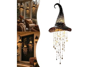 1 pièce décoration halloween suspendue, chapeau de sorcière lumineux led en maille noire avec guirlande d'étoiles pour porche, fenêtre et arbre