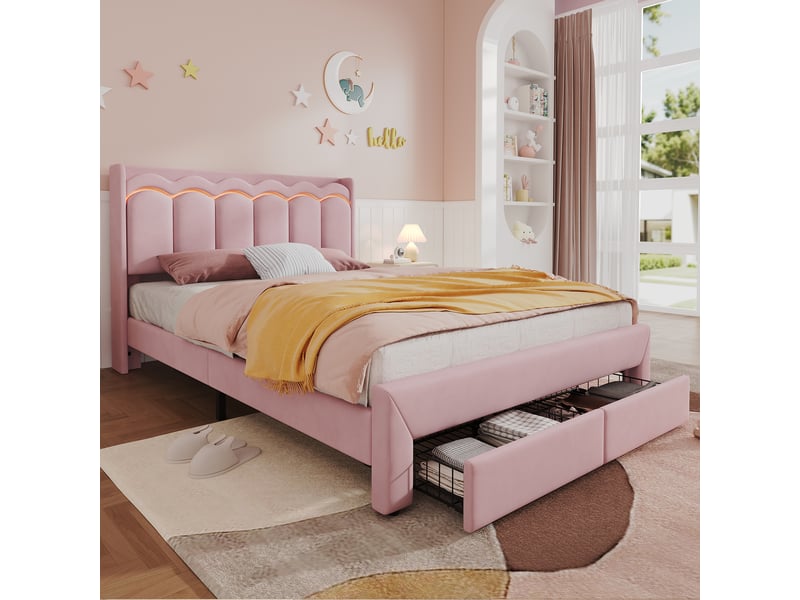  Lit enfant 2 places 140×200 cm avec 2 tiroirs, led réglable et étagère - okmyhome- rose, sans matelas, velours  - Conforama C