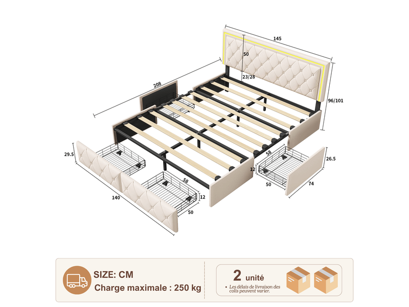  Lit double rembourré 140x200 cm avec 4 tiroirs, lit adulte avec rangement - led multicolores - tête de lit cloutée, sommier à lattes, lit 2 places, pu beige  - Conforama C
