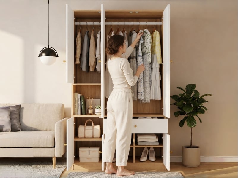  Armoire 3 portes de chambre, 120 x 50 x 200 cm, 2 penderies, 1 tiroir, 6 compartiments de rangement et une niche ouverte, blanc  - Conforama B