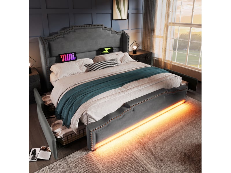  Modenvie lit double avec rangement 140x200 cm - 4 tiroirs, led et ports usb-c, avec matelas - gris  - Conforama D