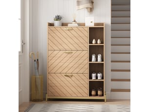 Meuble à chaussures 90x24x119 cm, 3 abattants, étagères latérales et format ultra-fin, rangement pour entrée et couloir - naturel