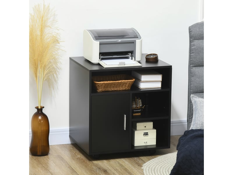  Support pour imprimante mobile sur roulettes avec armoire et 3 étagères ouvertes, en bois, 60 x 50 x 65,5 cm, noir  - Conforama B