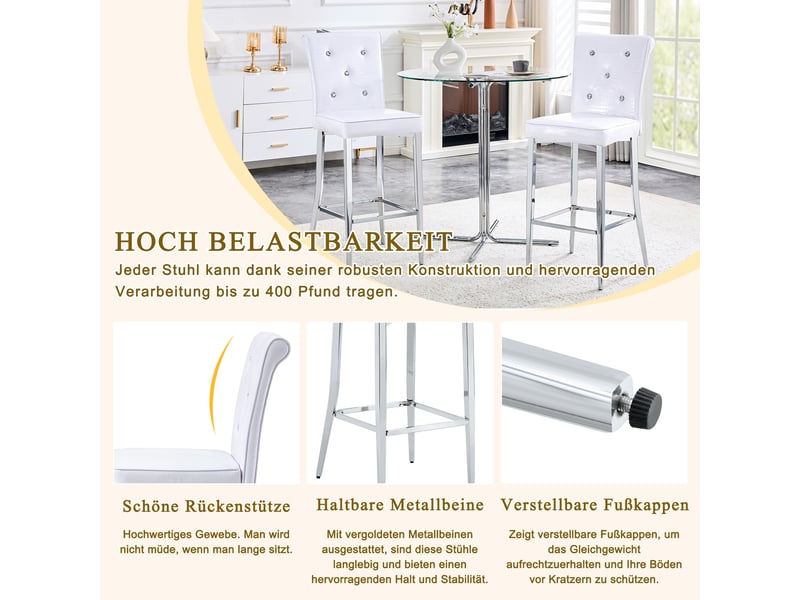  Tabourets de bar lot de 2 avec dossier haut capitonné et repose-pieds - lpospi - pieds chromés, pvc blanc  - Conforama E