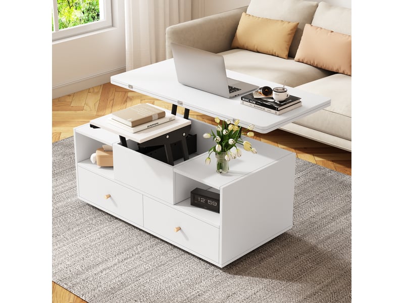  Table basse relevable 100 x 50 x 47,5 cm hauteur 47,5-62 cm hydraulique 4 tiroirs rabattable roulettes mdf blanc  - Conforama R