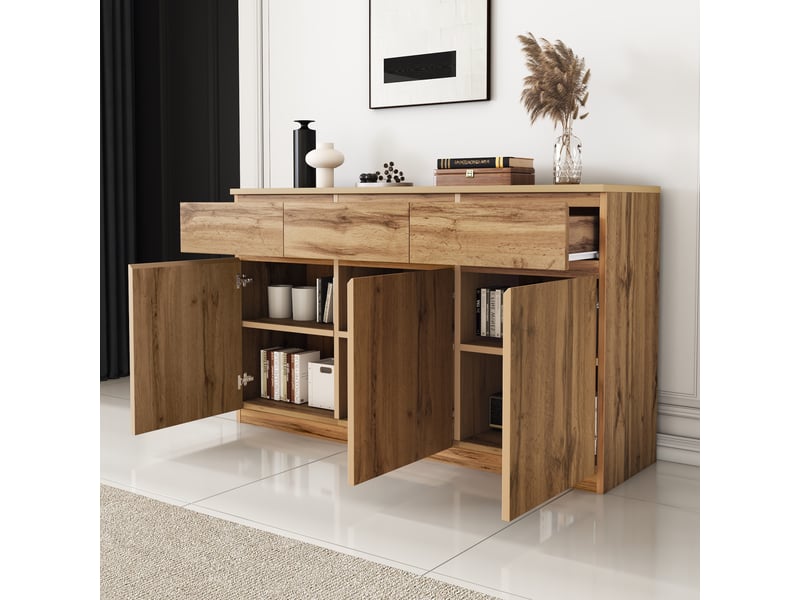  Buffet bas 135x40x81 cm à 3 portes et 3 tiroirs coloris bois naturel  - Conforama B