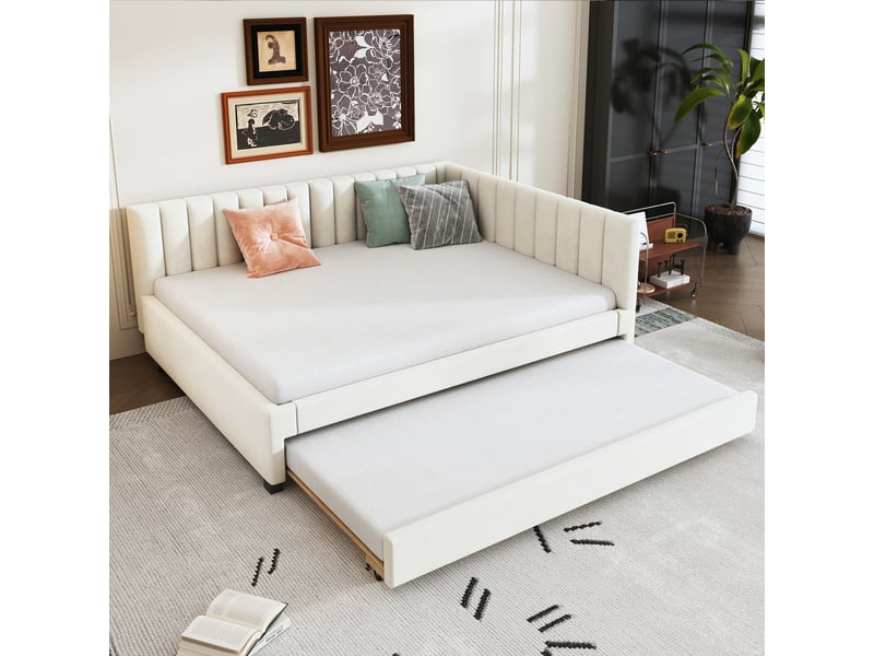  Lit banquette 200×140 cm avec couchage gigogne 190×90 cm et sommier à lattes, sans matelas, en velours beige  - Conforama C
