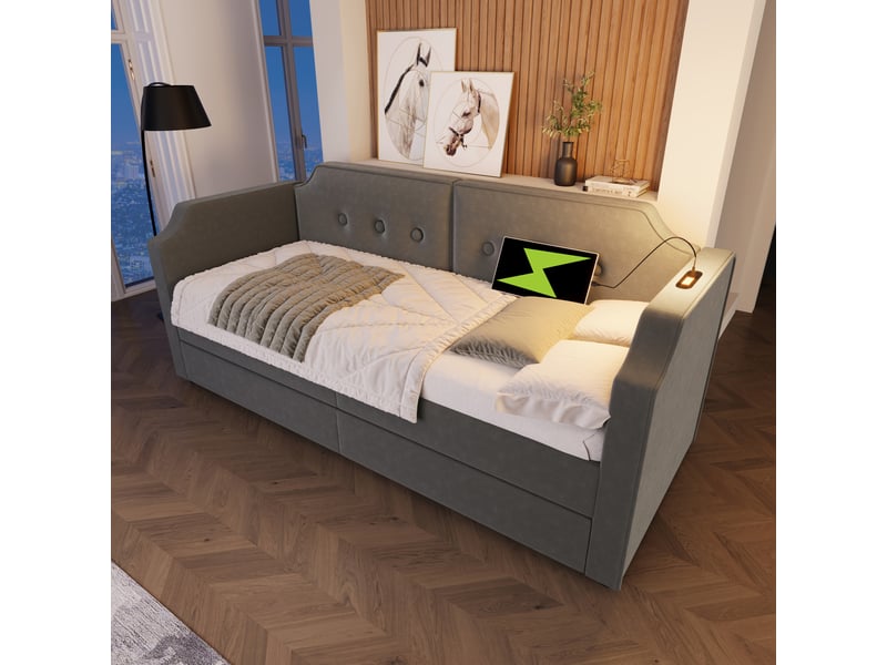  Modenvie lit banquette 90x200 cm - avec 2 tiroirs, usb-c et liseuse, sans matelas - gris  - Conforama D