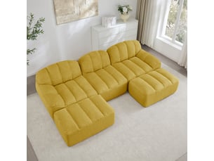 Canapé d'angle, canapé modulable – 3 places, mousse haute densité, jaune, en tissu, forme u, assise profonde