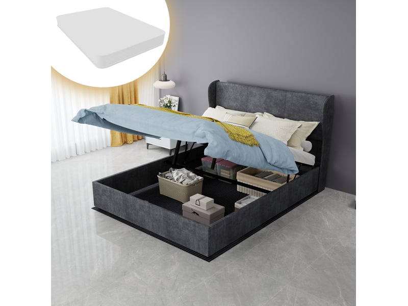  Lit coffre 140x200 cm avec tête de lit, matelas inclus, coloris gris  - Conforama B