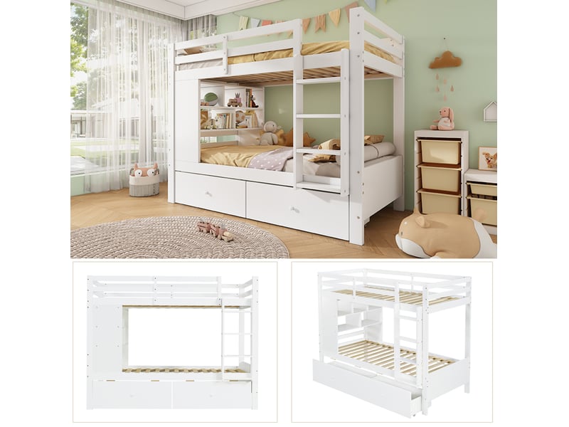 Lit superposé 90 × 200 cm 2 places avec 2 tiroirs, étagère et barrière, sans matelas, en bois, blanc - Conforama E