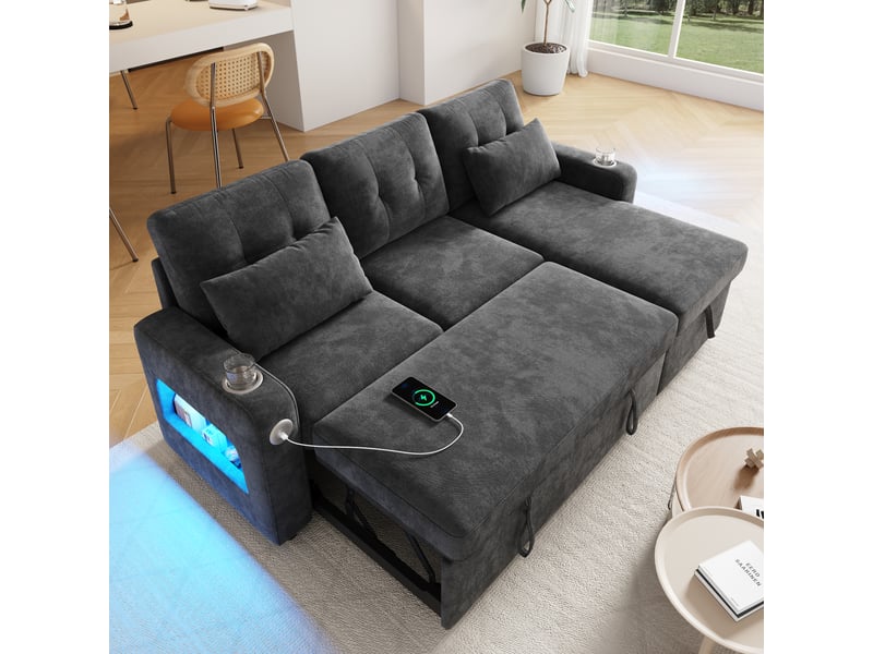  Canapé d’angle convertible en u 206 x 131 x 85 cm 3 places, double méridienne, coffre, porte-gobelets, led, usb, rangement accoudoirs, gris Bliss Lite - Conforama E