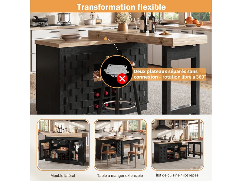  Îlot de cuisine extensible 120-197 x 40 x 74,2 cm, plateau pivotant à 360°, casier à vin amovible, tiroir, noir  - Conforama B