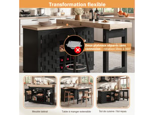 Îlot de cuisine extensible 120-197 x 40 x 74,2 cm, plateau pivotant à 360°, casier à vin amovible, tiroir, noir
