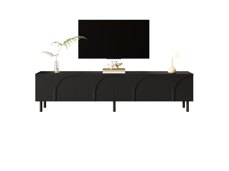  Meuble tv 180x35x49 cm - meuble bas à façade ondulée 3d, 4 portes, 2 espaces de rangement séparés, pieds en métal  - Conforama A
