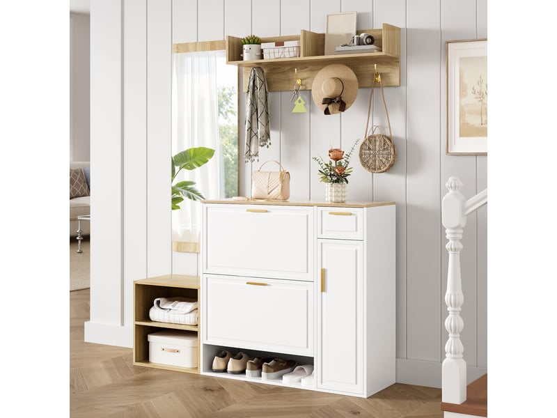  Meuble à chaussures - lot de 5 - avec tiroirs - gain de place - structure robuste - panneaux de particules - naturelblanc 130x30x174cm - Conforama E