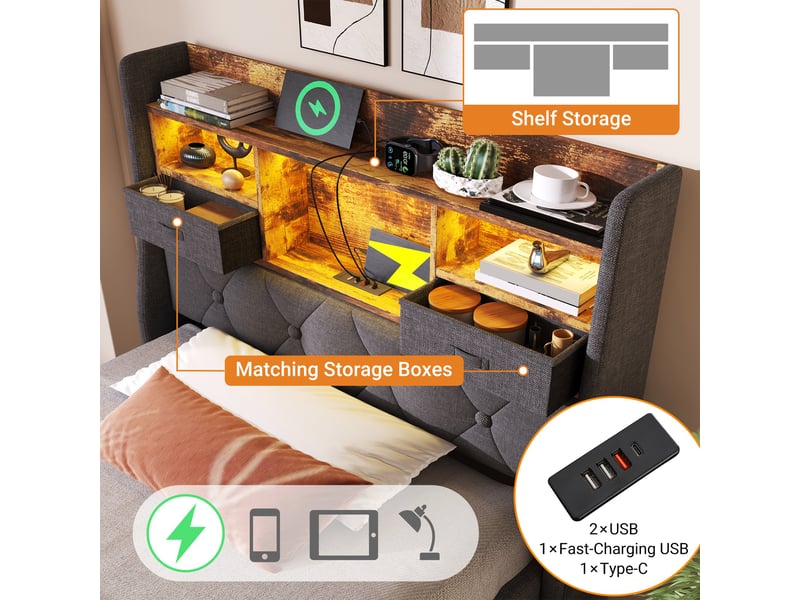  Lit coffre 90x200 avec matelas ressorts ensachés, led connectée app et stockage sous cadre  - Conforama E