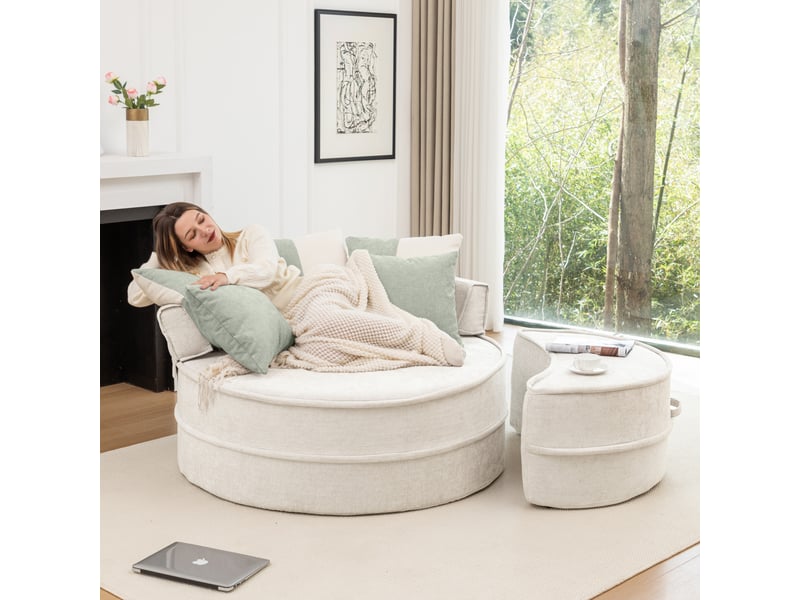  Fauteuil avec pouf rond avec 5 coussins, assise profonde et sans montage, en chenille et mousse beige, 121 × 107 cm  - Conforama C
