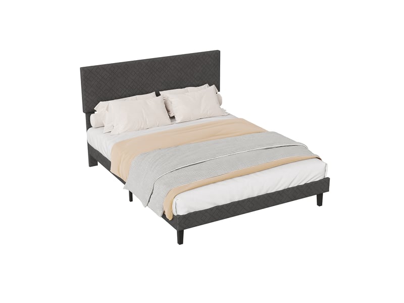  Lit 140 x 200 cm - lit double - avec sommier à lattes - avec tête de lit - tissu lin - gris foncé - lit capitonné  - Conforama A
