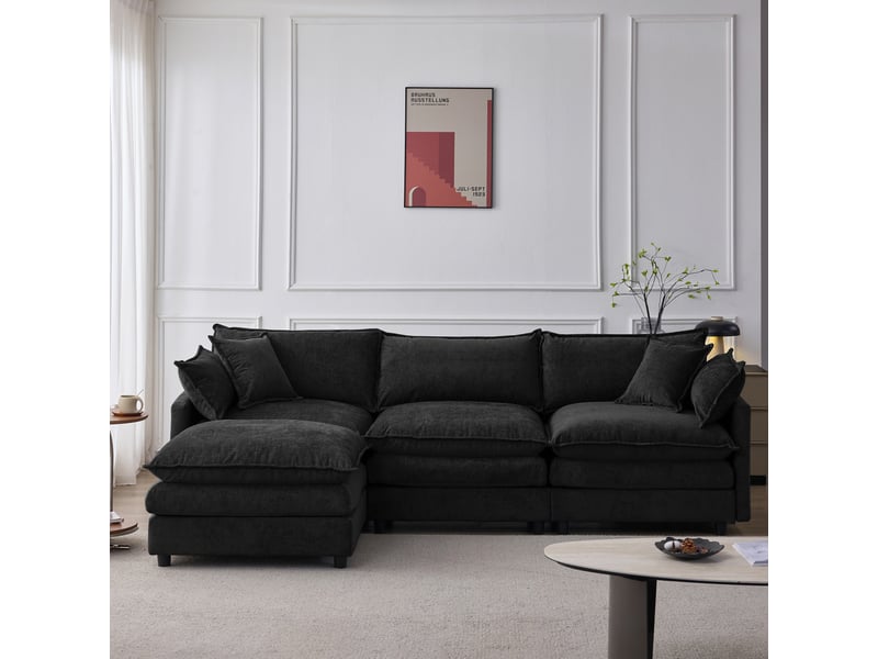 Méridienne canapé d'angle 3 places noir en tissu chenille avec pouf modulaire et rangement intégré pour salon moderne - Conforama B