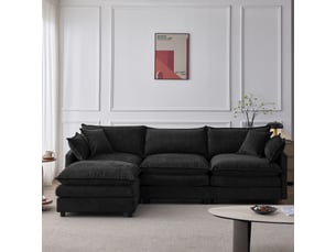 Méridienne canapé d'angle 3 places noir en tissu chenille avec pouf modulaire et rangement intégré pour salon moderne