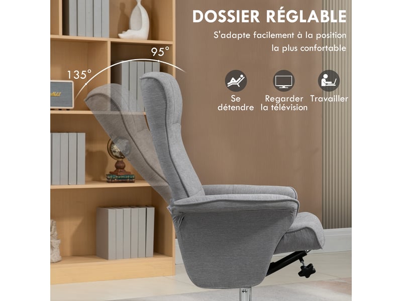  Fauteuil relax inclinable à 135° pivotant 360° avec repose-pieds tissu gris  - Conforama D