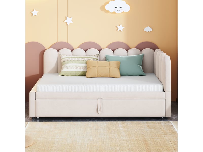  Lit d'appoint 2-en-1 en l 90180 x 200 cm, tissu velours beige, convertible et compact pour chambre d'amis, lit gigogne  - Conforama C
