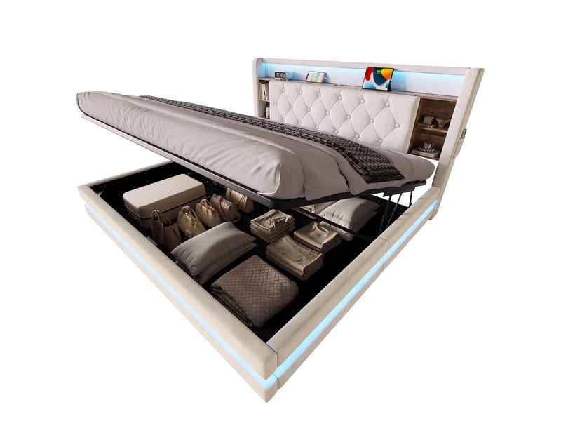  Lit coffre double 180×200 cm avec led, usb, type-c et étagères - okmyhome- tête capitonnée, beige, sans matelas  - Conforama A