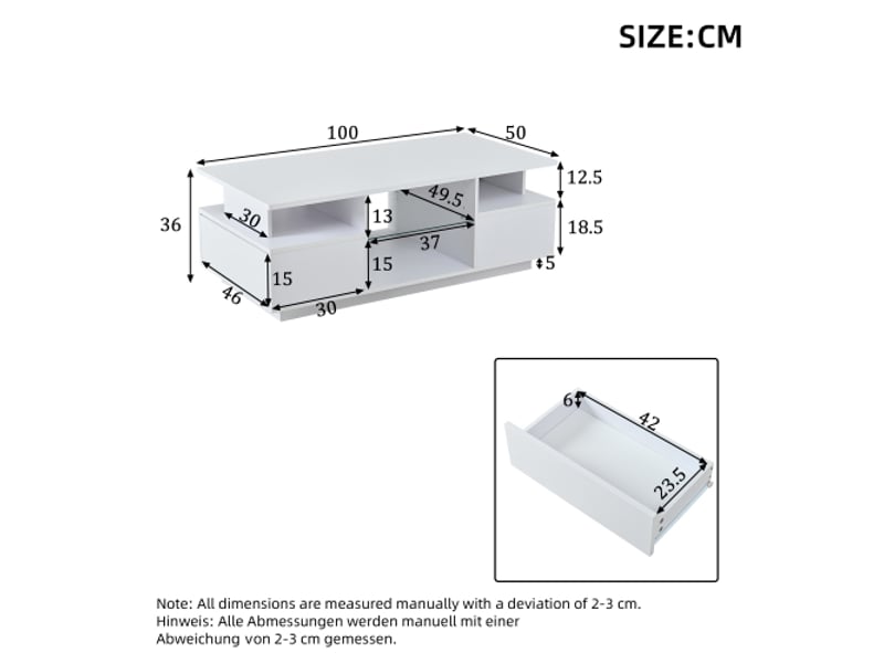  Table basse led blanche 100x50x36 cm - 2 tiroirs, fini brillant, rangement ouvert et cloison en verre - salon  - Conforama C