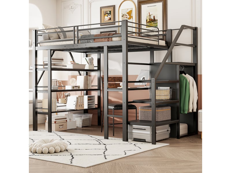  Lit surélevé 140x200 en métal noir, étagères, bureau, armoire et échelle sécurisée avec garde-corps  - Conforama C