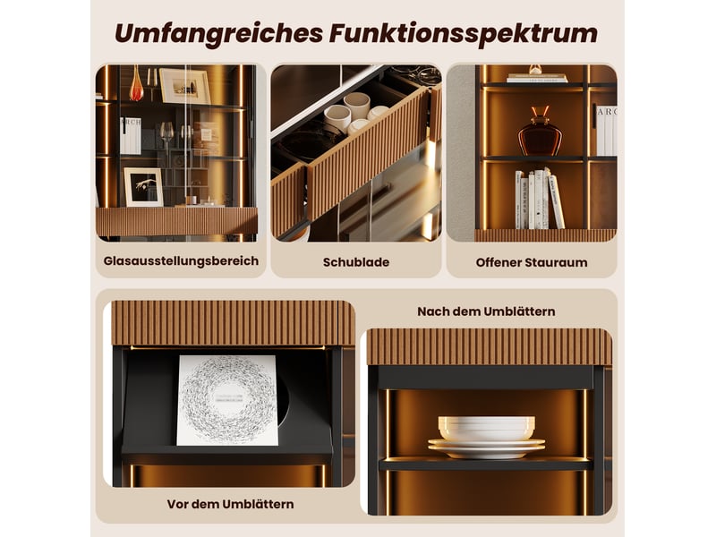  Vitrine 120x28,5x180 cm avec led, portes coulissantes en verre gris noir et marron  - Conforama E