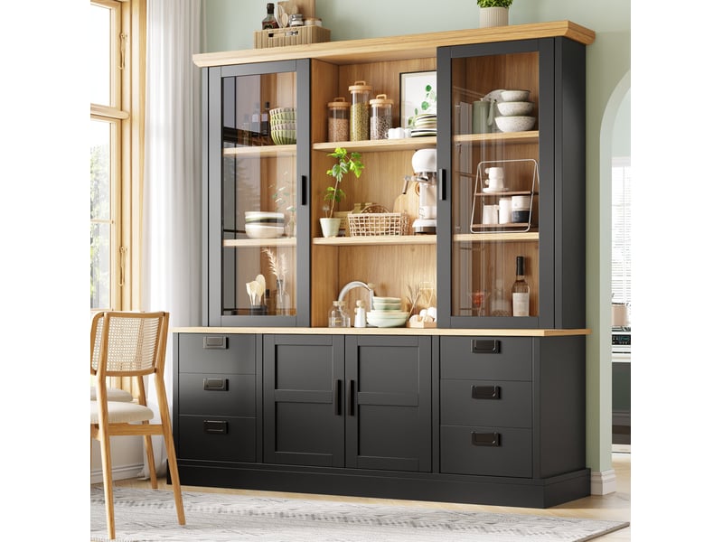  Buffet de cuisine à 6 tiroirs et portes vitrées, mdf, noir et effet bois  - Conforama C