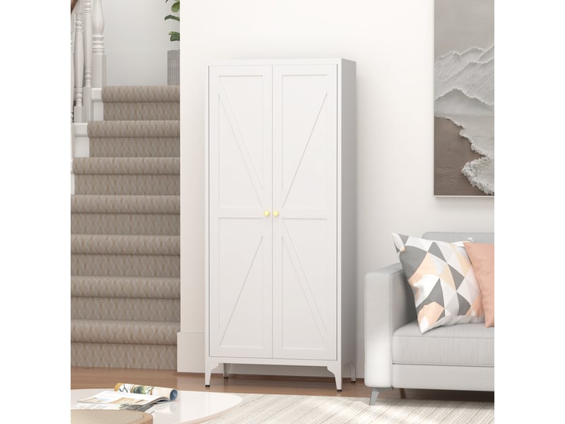  Armoire de rangement métallique blanche - grand meuble de cuisine et salon avec étagères réglables et poignées dorées  - Conforama D
