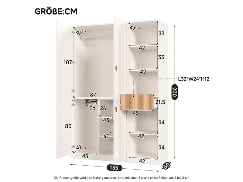  Armoire penderie blanc et bois, garde-robe 135x50x200 cm avec 2 barres et étagères, meuble de rangement pour chambre et salon  - Conforama C