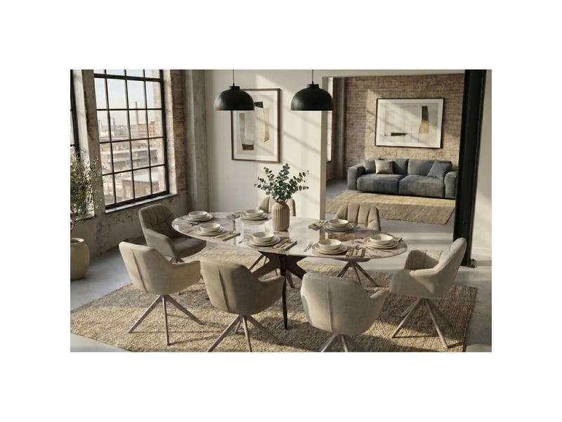  Table de salle à manger avelis ovale 220 cm en céramique effet marbre blanc et métal bronze  - Conforama D