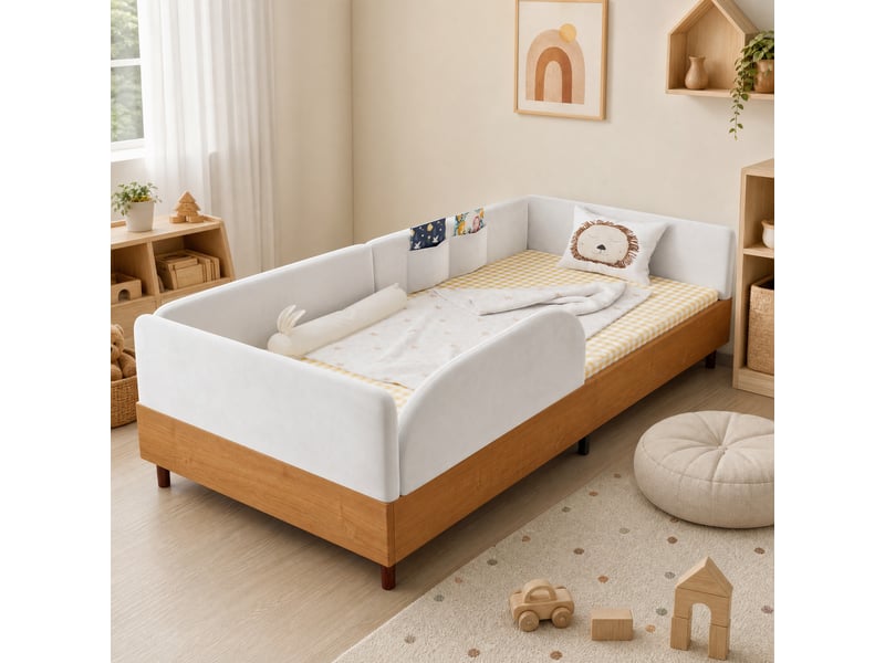  Lit enfant rembourré en velours blanc et bois naturel avec 2 poches de rangement 90 x 200 cm  - Conforama C