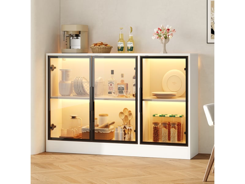  Vitrine basse 3 portes vitrées 120x30x73 cm, buffet vitrine avec led multicolore, verre gris, fermeture amortie, panneaux de particules, blanc  - Conforama B